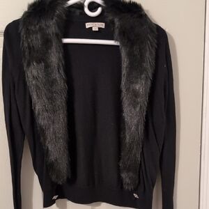 Eva Mendes Black Cardigan with Faux Fur Trim